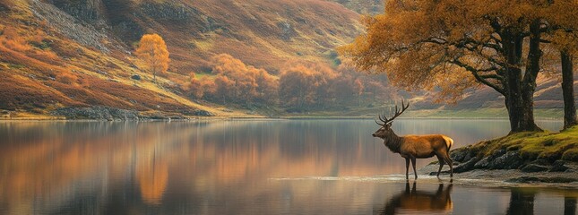 Deer Standing by Serene Lake in Autumn.