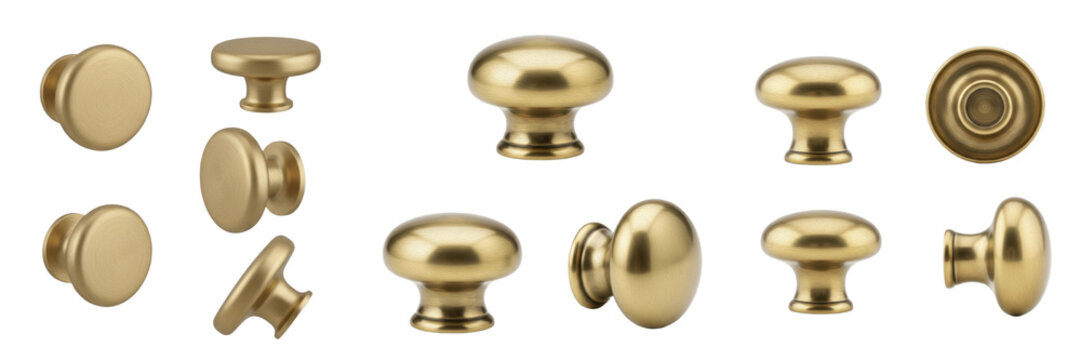 Set and collection of classic golden brass furniture knobs and round door handles in various angles for home interior hardware mockup isolated on white transparent PNG background