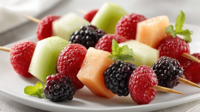 Fresh fruit skewers are served on a plate. Skewers include raspberries blackberries and pieces of melon. This is a common dish at summer gatherings or events.