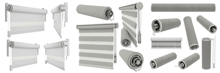 Set and collection of white and grey roller blinds and zebra window shades in various open and closed positions isolated on white transparent PNG background © imageworld