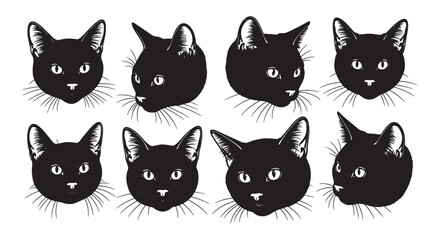 Fototapeta premium Set of Eight Black Cat Head Illustrations Vector Style Portraits and Facial Expressions