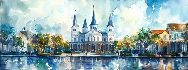 Watercolor Painting of St Louis Cathedral New Orleans.