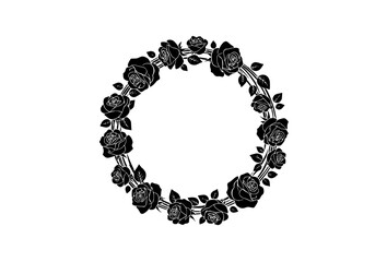 Fototapeta premium Rose silhouette wreath frame vector black floral round arrangement isolated on white