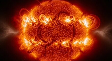 Close-up of the sun with solar flares and bright surface activity  