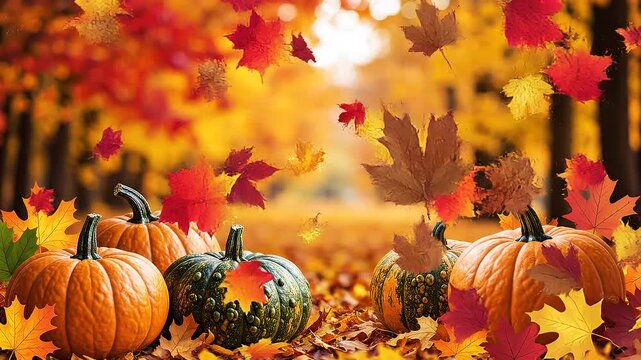 Pumpkins and leaves in autumn forest.