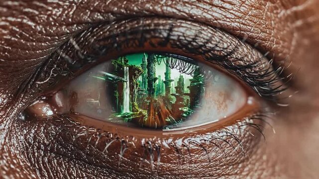 Close up macro eye reflection future city organic waterfall futuristic architecture cinematic motion