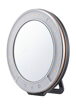 Mini ring light with integrated selfie mirror and adjustable light intensity.