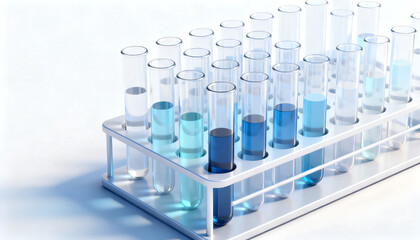 3D medical laboratory test tube rack with colorful liquid samples for scientific research and chemical analysis