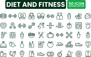 Diet and Fitness Vector Icon Set &ndash; 50 Editable Outline Symbols for Healthy Lifestyle, Nutrition, and Exercise Design