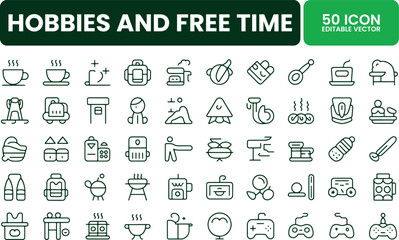 Hobbies and Free Time Line Icons Set, 50 Outline Hobby Activity Vector Collection