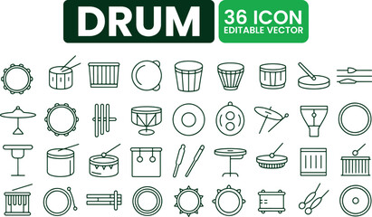 36 Drum and Percussion Line Icons Set. Musical Instrument Outline Symbols for Concert, Band, and Studio
