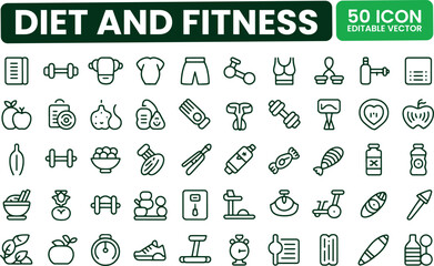 Diet and Fitness Icons Set - 50 Health Exercise Food Vector Line Art Icons for Web Design UI Gym Nutrition Wellness