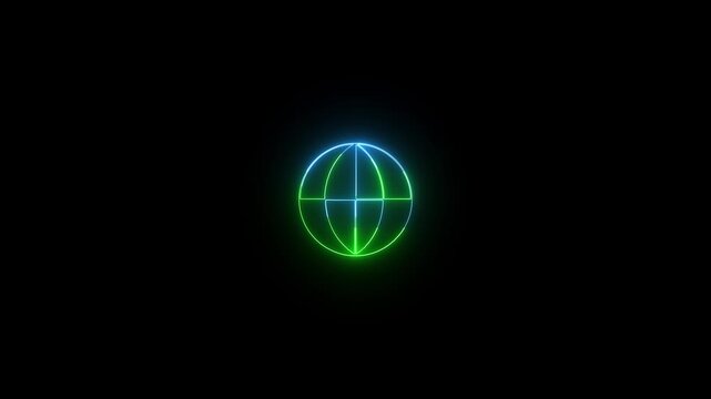 Neon globe outline with blue and green halves on black background, glowing center, minimal futuristic tech aesthetic