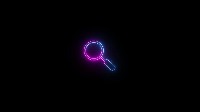 Neon magnifying glass icon glowing blue and pink on black background