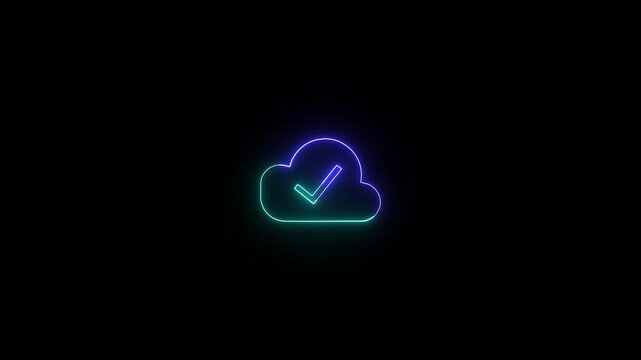 Neon gradient cloud outline with checkmark inside on black background, glowing blue-purple-green, minimal tech icon centered