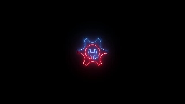 Neon gear icon with a wrench inside, red and blue glow on a black background, centered, minimal tech concept