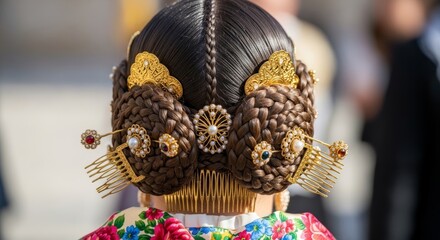Womans traditional hairstyle with elaborate braids intricate gold ornaments and jeweled combs. Cultural heritage event.