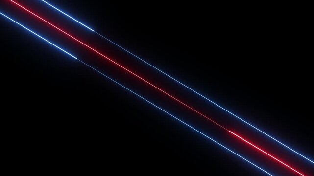 Diagonal neon light trails in red and blue on black background, sleek glowing lines, futuristic abstract composition