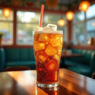 Fizzy Soda Bubbles Ice Cubes Retro Diner Glass Refreshing Pop Vintage Charm Fun Vivid Contrast