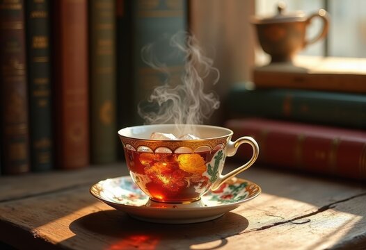 Herbal Tea in Delicate China Cup on Wooden Desk Surrounded by Books and Warm Light