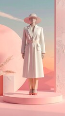 Elegant Woman in White Coat on Pink Platform - A Fashionable Portrait.