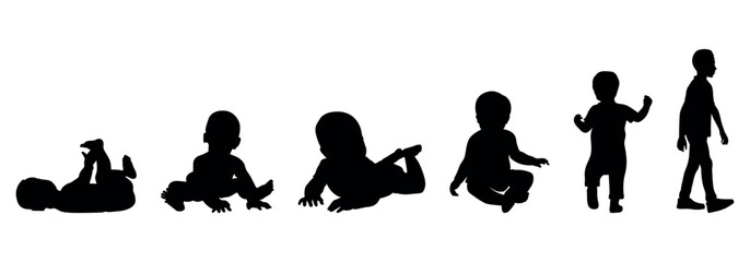 Baby development stages silhouette set showing infant growth from newborn lying on back to sitting crawling then standing and taking first step alone. vector silhouettes of people. silhouette of a man