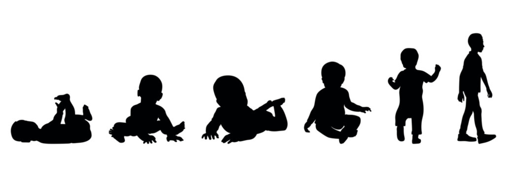 Baby development stages silhouette set showing infant growth from newborn lying on back to sitting crawling then standing and taking first step alone. vector silhouettes of people. silhouette of a man