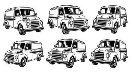 Obraz premium Vintage Delivery Vans Collection Black and White Engraving Style.