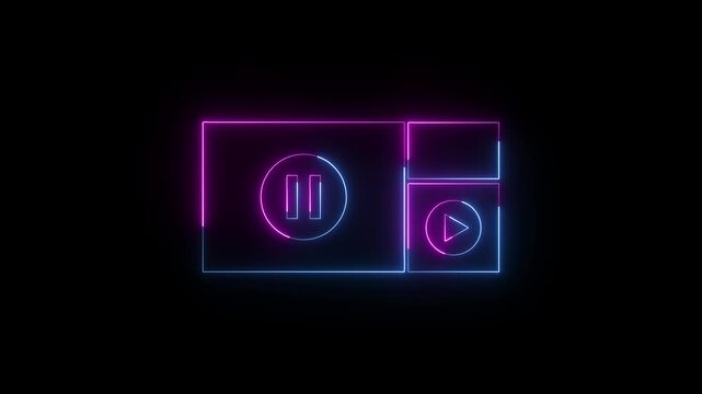 Neon-outline media control icons on black background: a large rectangle with pause symbol and adjacent smaller rectangles including play button, blue and pink glow