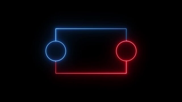 Neon rectangle circuit with two glowing circular nodes on left and right, blue lower-left to red upper-right gradient on black background, minimalist tech neon sign