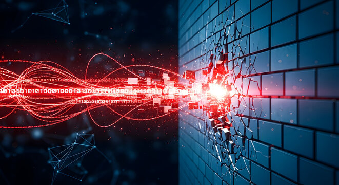 Digital data stream breaks through brick wall, cyber security concept