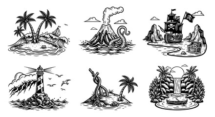 Collection of Six Hand-Drawn Tropical Island Illustrations.
