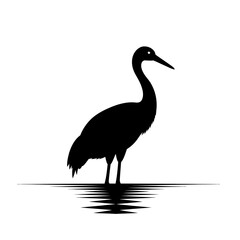 Obraz premium Elegant silhouette of a crane standing in water with reflections, minimalist design.