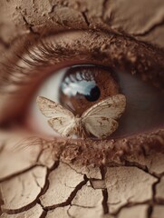 Obraz premium Macro close up of human eye with butterfly on cracked dry skin symbolizing fragility and environmental crisis
