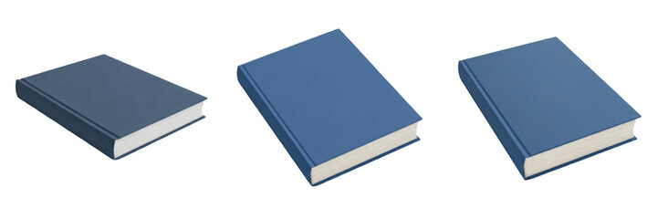 Set and collection of blue hardcover books with white pages in various perspective angles for...