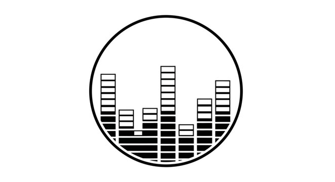 Black and white circular icon featuring an audio equalizer graphic with varying bar heights, symbolizing sound, music, or audio visualization.