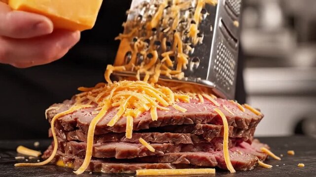Close-Up of Cheddar Cheese Being Grated Over Stacked Meat Until Fully Covered