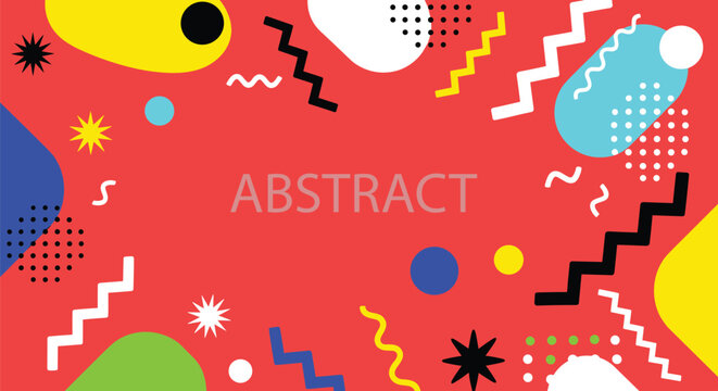 Energetic Memphis Design Abstract with Red Background and Scattered Geometric Forms shapes