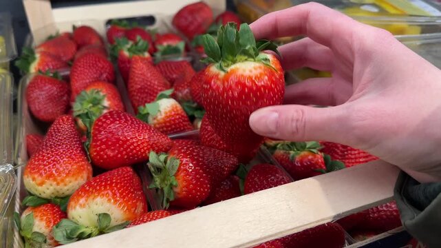 Shopper Hand Carefully Inspecting Ripe Red Strawberry From Wooden Crate in Grocery Store Produce Section