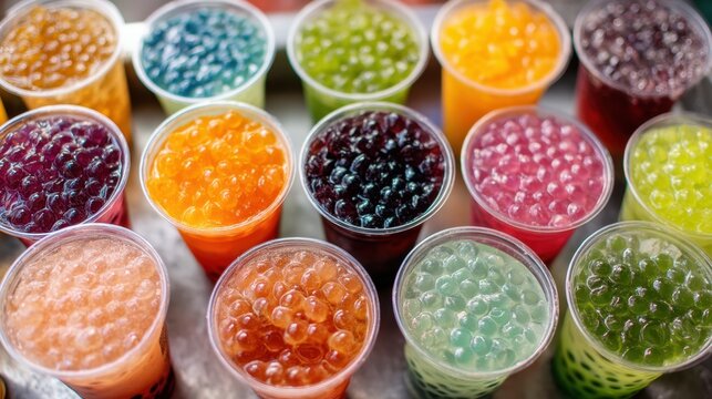 Cups filled with various colored drinks and tapioca pearls are arranged in neat rows. The setting is a market in the afternoon. People can be seen exploring and enjoying their choices.