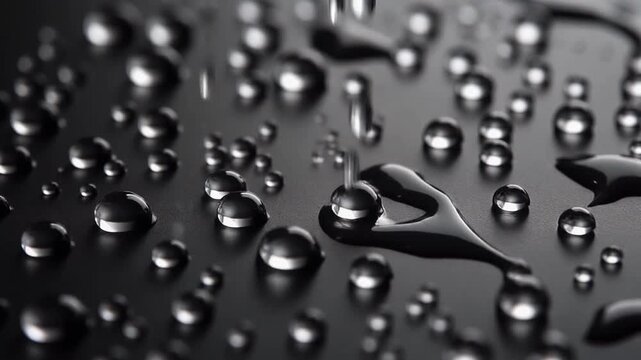 Water Droplets on Dark Surface Closeup.