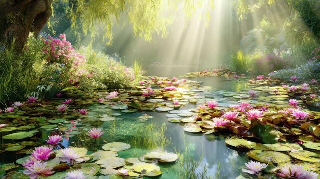 Serene pond scene with blooming pink water lilies and lush greenery illuminated by soft sunlight filtering through trees in a tranquil natural setting