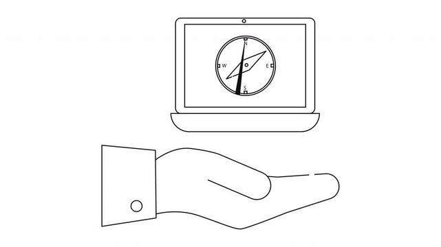 Hand Holding Laptop with Compass - Digital Navigation Concept.