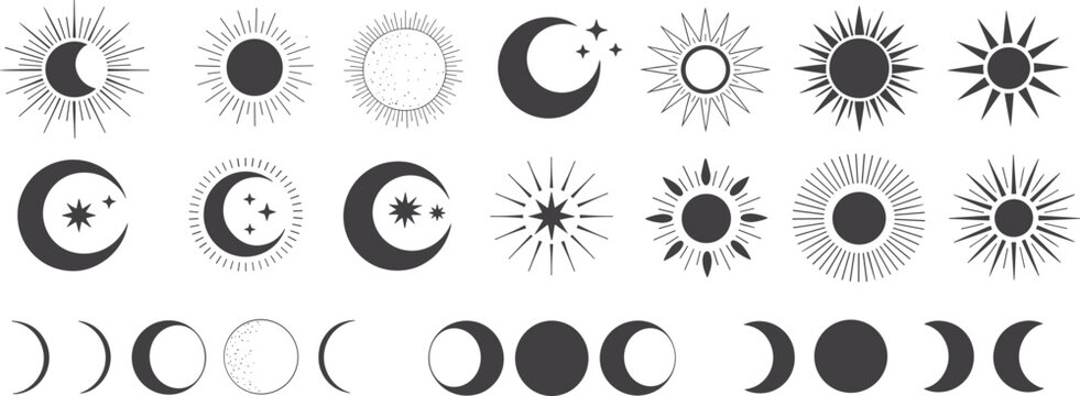 Celestial Body Icons and Moon Phases vector illustration