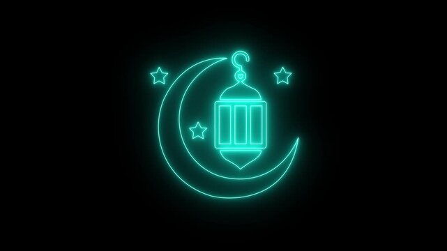 Neon glowing ramadan crescent symbol with star icon animation. Cyan outline ramadan concept and islamic holiday celebration isolated on black background. 4k video. animation