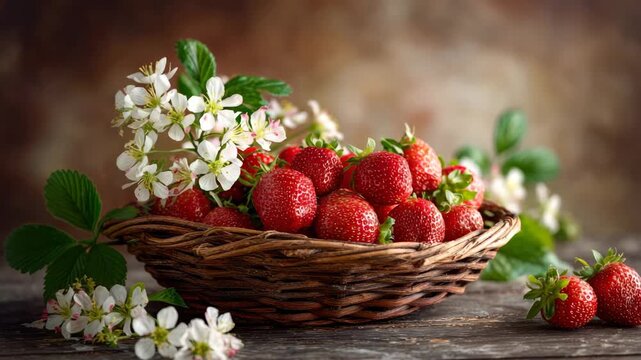 Fresh strawberries in a woven basket surrounded by white blossoms and green leaves, showcasing vibrant colors and textures in a rustic setting