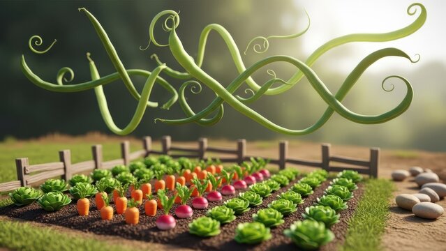 Vibrant vegetable garden with artistic lettering