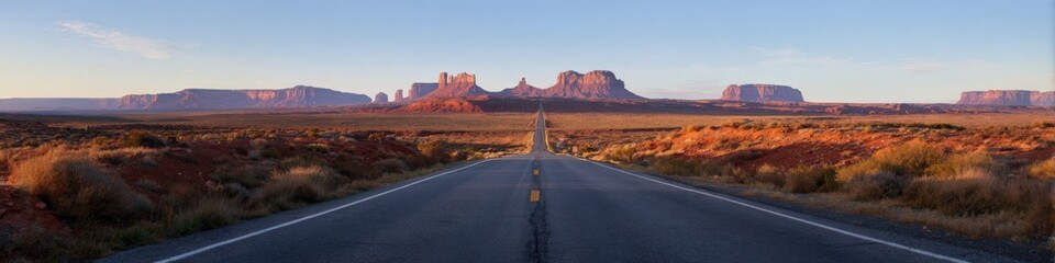 Scenic view of monument valley at sunset with open road leading towards iconic rock formations