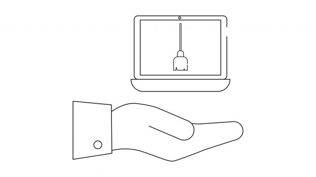 Hand Holding Laptop with Hanging Lightbulb Line Art.