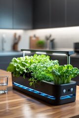 A modern indoor herb garden on a kitchen countertop with LED grow lights